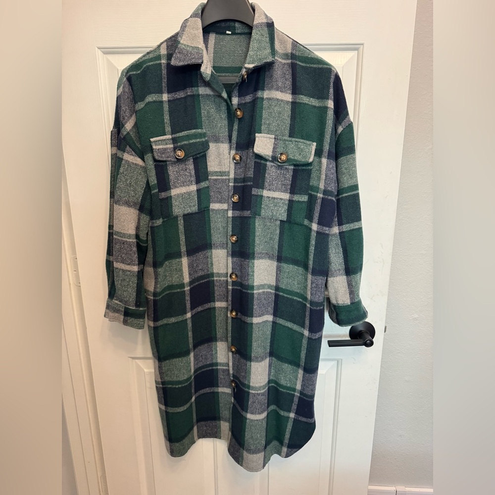 Green and Gray Plaid Long Coat